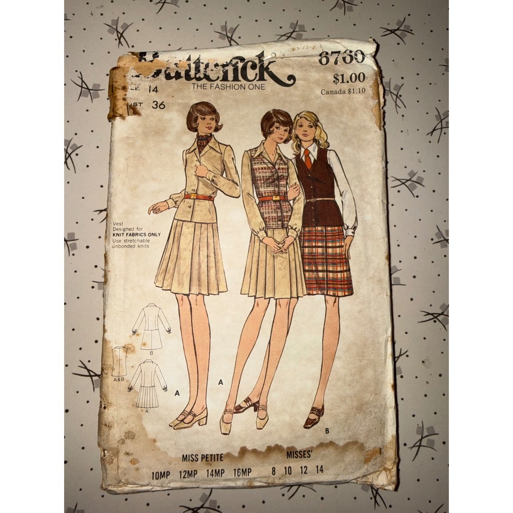 Vintage‎ Butterick 6769 Sewing Pattern Misses Petite Dress and Vest Size 14